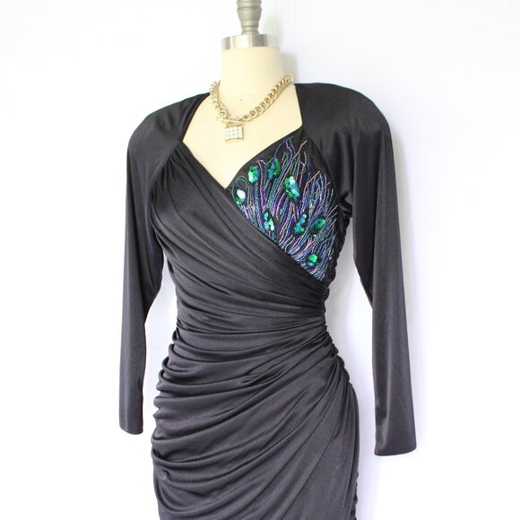 Vintage Abby Kent peacock beaded ruched draped wiggle satin black DISCO dress - Picture 8 of 10